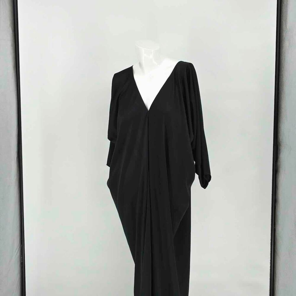 Vtg 70s Black Draped V-Neck Maxi Hostess Kaftan Dress - Size S/M